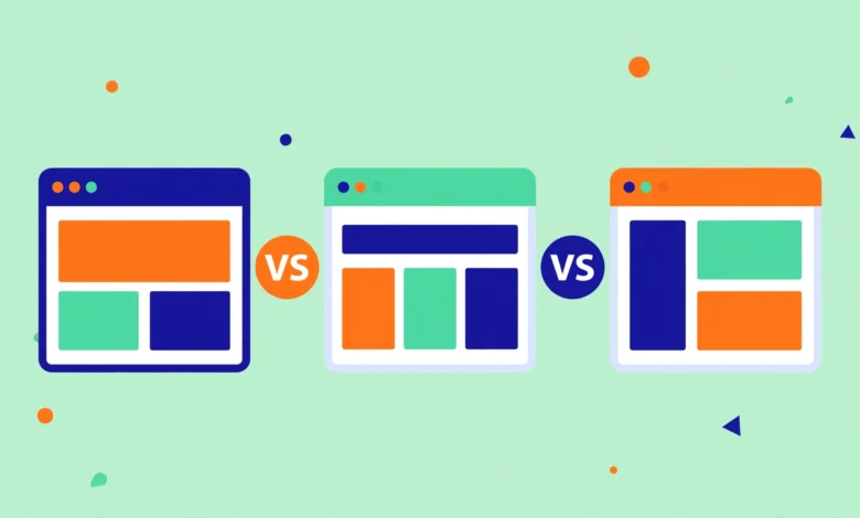 Flat illustration of three page builder interfaces side by side for comparison
