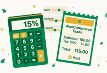 Flat illustration of tax settings being configured in a WooCommerce store dashboard