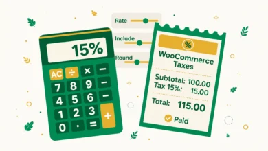 Flat illustration of tax settings being configured in a WooCommerce store dashboard