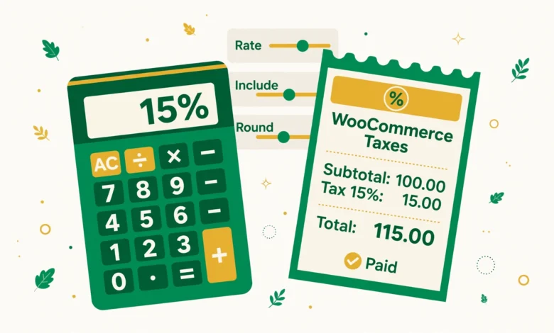 Flat illustration of tax settings being configured in a WooCommerce store dashboard