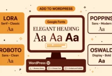 Flat illustration of a computer screen showing Google Fonts being added to a WordPress website