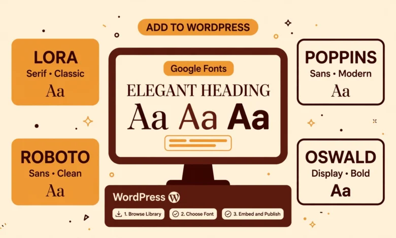 Flat illustration of a computer screen showing Google Fonts being added to a WordPress website