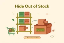 Flat illustration of a WooCommerce store shelf with sold out products being hidden from the catalog