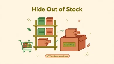 Flat illustration of a WooCommerce store shelf with sold out products being hidden from the catalog
