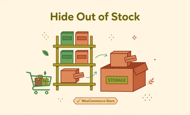 Flat illustration of a WooCommerce store shelf with sold out products being hidden from the catalog