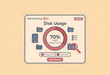 Flat illustration of a cPanel dashboard showing a disk usage meter and file folders