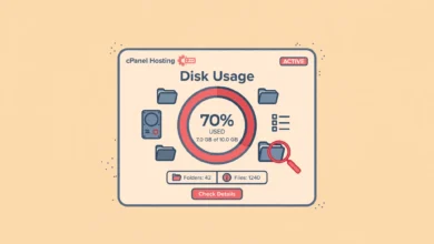 Flat illustration of a cPanel dashboard showing a disk usage meter and file folders
