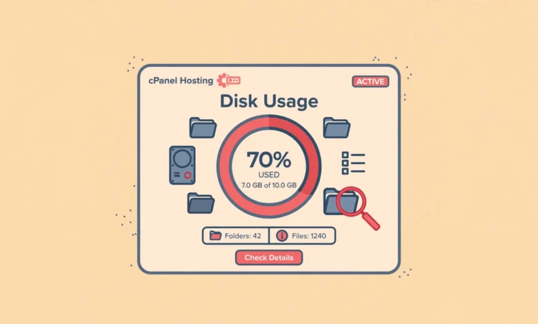 Flat illustration of a cPanel dashboard showing a disk usage meter and file folders