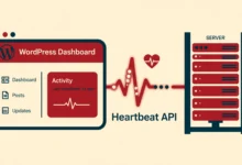 Flat illustration of a WordPress dashboard with a pulsing heartbeat line connecting browser and server