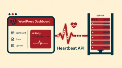 Flat illustration of a WordPress dashboard with a pulsing heartbeat line connecting browser and server