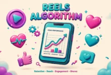 Vibrant 3D illustration of a glowing smartphone playing a looping Instagram Reel, surrounded by floating play buttons, heart and share icons and watch-time charts, teal and magenta palette on a soft cream background