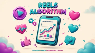 Vibrant 3D illustration of a glowing smartphone playing a looping Instagram Reel, surrounded by floating play buttons, heart and share icons and watch-time charts, teal and magenta palette on a soft cream background