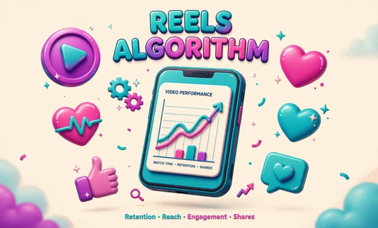 Vibrant 3D illustration of a glowing smartphone playing a looping Instagram Reel, surrounded by floating play buttons, heart and share icons and watch-time charts, teal and magenta palette on a soft cream background