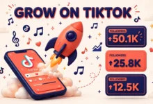 Vibrant 3D illustration of a cute 3D rocket launching from a smartphone with musical notes and rising follower counters, coral orange and deep navy palette