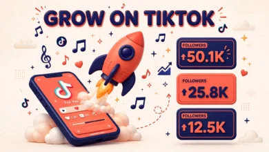 Vibrant 3D illustration of a cute 3D rocket launching from a smartphone with musical notes and rising follower counters, coral orange and deep navy palette