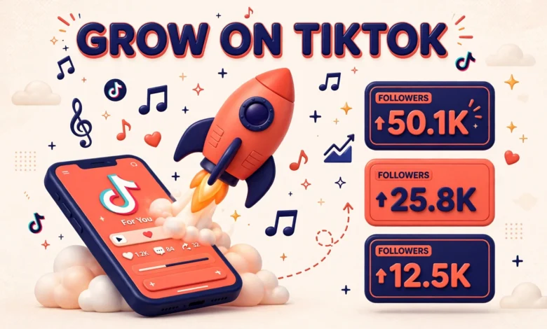 Vibrant 3D illustration of a cute 3D rocket launching from a smartphone with musical notes and rising follower counters, coral orange and deep navy palette