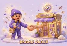 Vibrant 3D illustration of a small creator shaking hands with a brand storefront, floating dollar signs, a product box and a glowing sponsored check mark badge, purple and gold palette