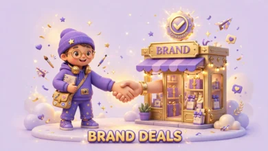 Vibrant 3D illustration of a small creator shaking hands with a brand storefront, floating dollar signs, a product box and a glowing sponsored check mark badge, purple and gold palette