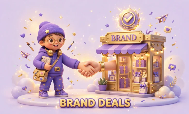 Vibrant 3D illustration of a small creator shaking hands with a brand storefront, floating dollar signs, a product box and a glowing sponsored check mark badge, purple and gold palette