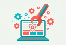 Colorful flat illustration of a laptop showing a WordPress maintenance screen being repaired with tools