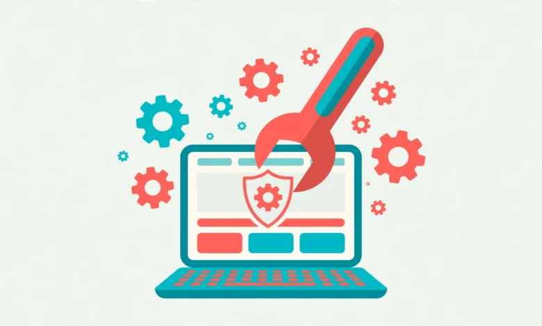 Colorful flat illustration of a laptop showing a WordPress maintenance screen being repaired with tools