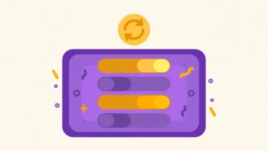 Colorful flat illustration of a WordPress updates screen with a large toggle switch set to off