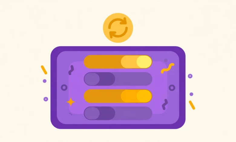 Colorful flat illustration of a WordPress updates screen with a large toggle switch set to off