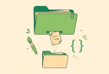 Colorful flat illustration of a large parent theme folder connected to a smaller child theme folder