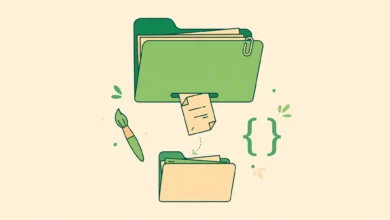 Colorful flat illustration of a large parent theme folder connected to a smaller child theme folder