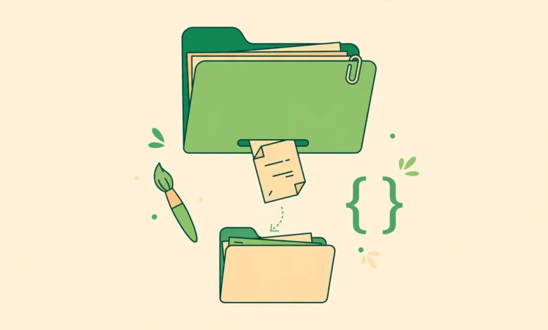 Colorful flat illustration of a large parent theme folder connected to a smaller child theme folder