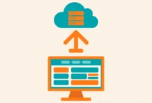 Flat illustration of a WordPress site moving from a local computer to a live web server