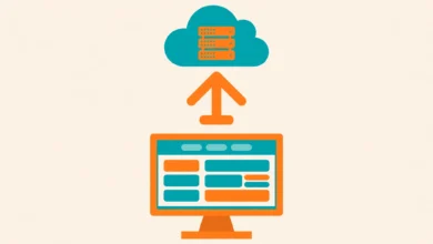 Flat illustration of a WordPress site moving from a local computer to a live web server