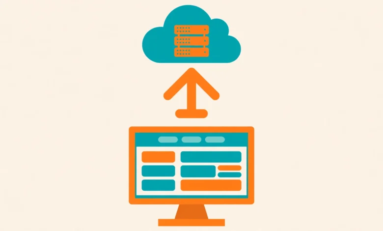 Flat illustration of a WordPress site moving from a local computer to a live web server