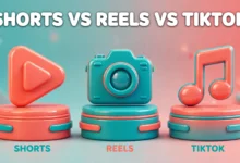 Vibrant 3D illustration of three podiums holding glowing play-button, camera and music-note icons, teal and coral palette