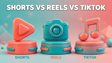 Vibrant 3D illustration of three podiums holding glowing play-button, camera and music-note icons, teal and coral palette