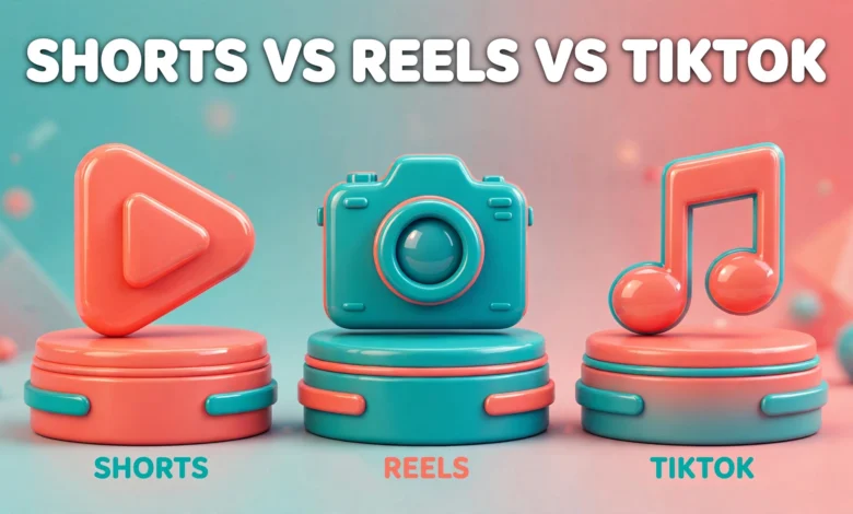 Vibrant 3D illustration of three podiums holding glowing play-button, camera and music-note icons, teal and coral palette
