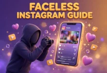 Vibrant 3D illustration of a hooded faceless creator filming glowing Instagram reels on a smartphone, purple and amber palette