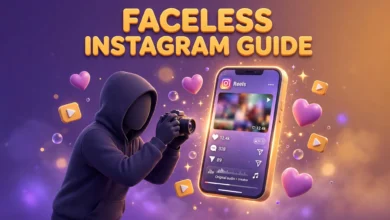 Vibrant 3D illustration of a hooded faceless creator filming glowing Instagram reels on a smartphone, purple and amber palette