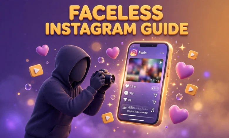 Vibrant 3D illustration of a hooded faceless creator filming glowing Instagram reels on a smartphone, purple and amber palette