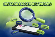 Vibrant 3D illustration of a magnifying glass over an Instagram search bar with floating keyword tags, lime green and navy palette