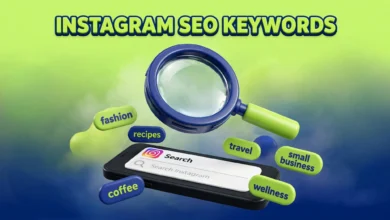 Vibrant 3D illustration of a magnifying glass over an Instagram search bar with floating keyword tags, lime green and navy palette