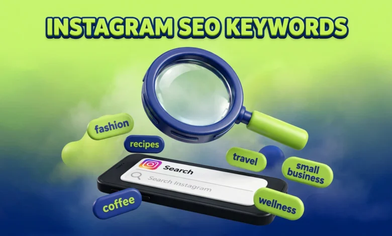 Vibrant 3D illustration of a magnifying glass over an Instagram search bar with floating keyword tags, lime green and navy palette