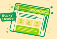 Flat illustration of a browser window with the website header pinned to the top while the page scrolls down