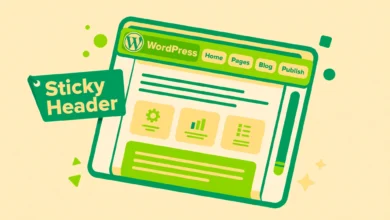 Flat illustration of a browser window with the website header pinned to the top while the page scrolls down