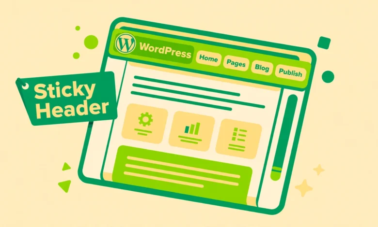 Flat illustration of a browser window with the website header pinned to the top while the page scrolls down