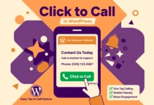 Flat illustration of a smartphone with a big green call button and a WordPress page behind it