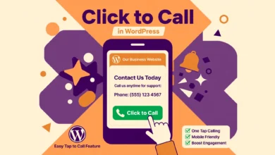 Flat illustration of a smartphone with a big green call button and a WordPress page behind it