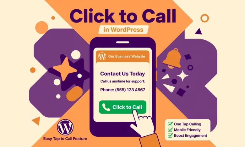 Flat illustration of a smartphone with a big green call button and a WordPress page behind it
