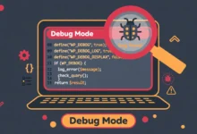 Flat illustration of a laptop showing code with a magnifying glass finding a bug, representing WordPress debug mode
