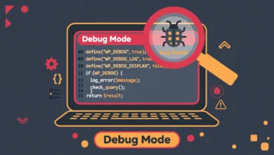 Flat illustration of a laptop showing code with a magnifying glass finding a bug, representing WordPress debug mode